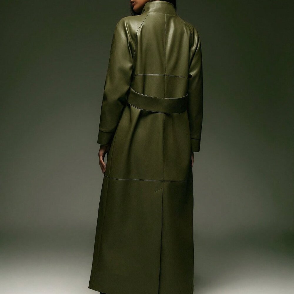 Army Green Casual Women's Faux Leather Trench Coat - Picture 2 of 6